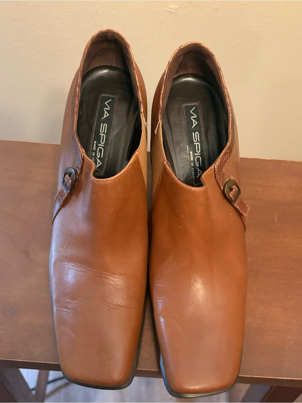 Via Spiga Made in Italy Women’s Brown Leather Square Toe Heel Booties Shoes 9 M